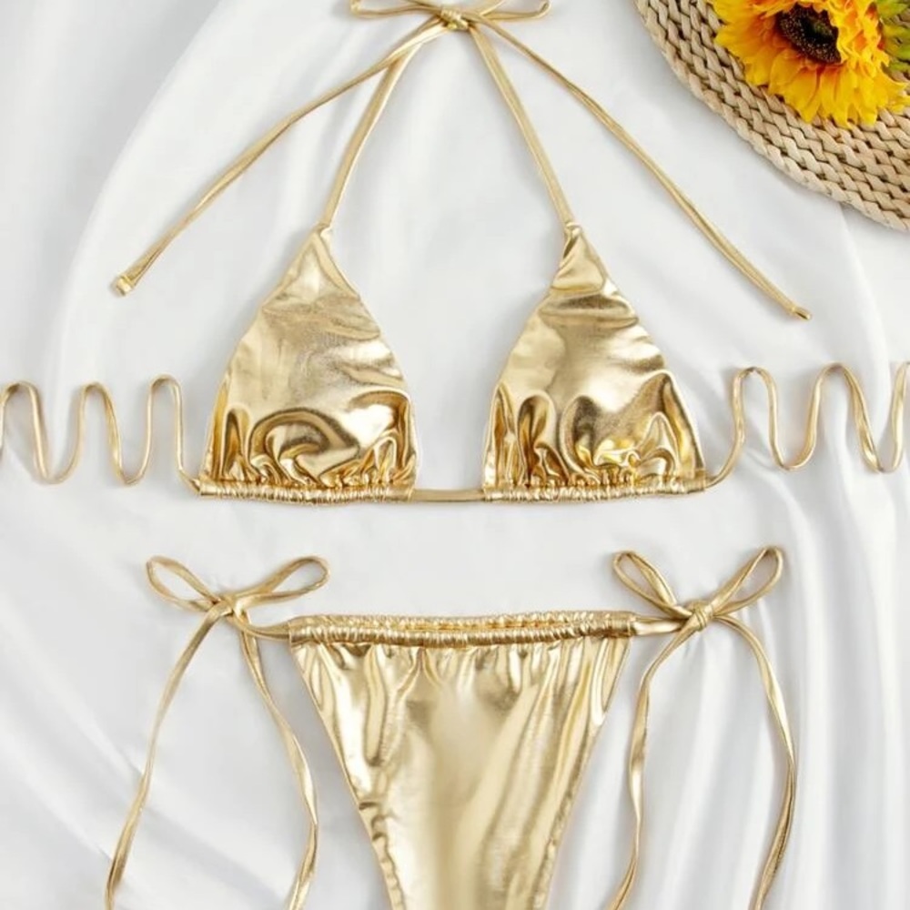 Metallic Micro Triangle Thong Bikini Swimsuit